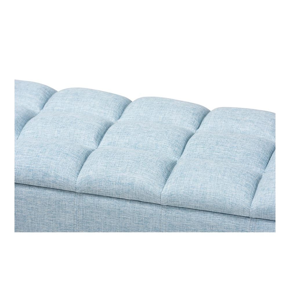 Light Blue Fabric Upholstered Dark Brown Finished Wood Storage Bench Ottoman. Picture 6