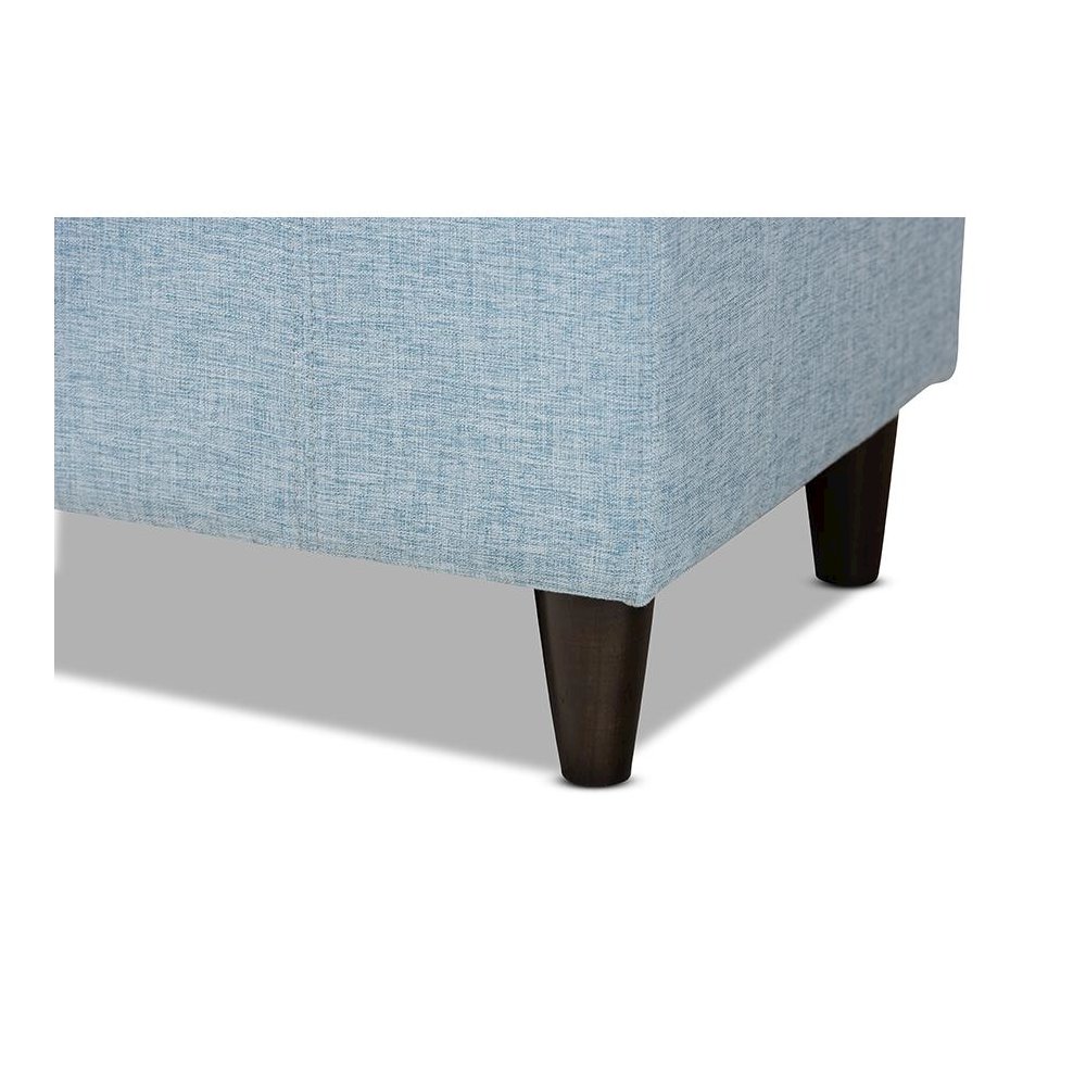 Light Blue Fabric Upholstered Dark Brown Finished Wood Storage Bench Ottoman. Picture 7