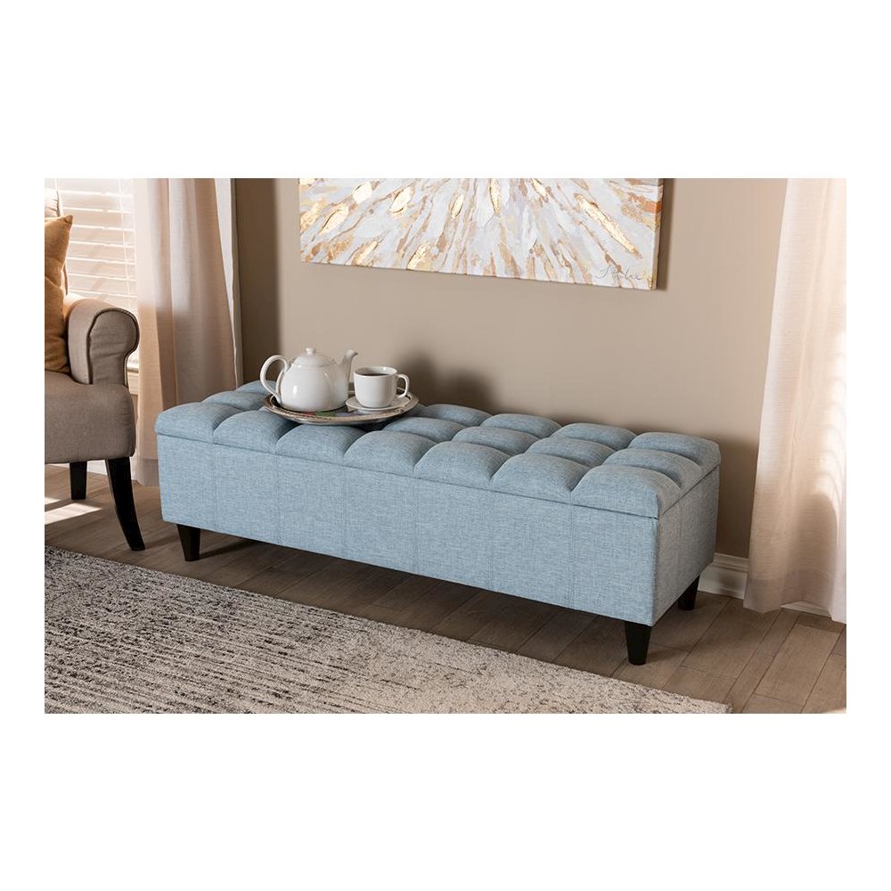 Light Blue Fabric Upholstered Dark Brown Finished Wood Storage Bench Ottoman. Picture 8