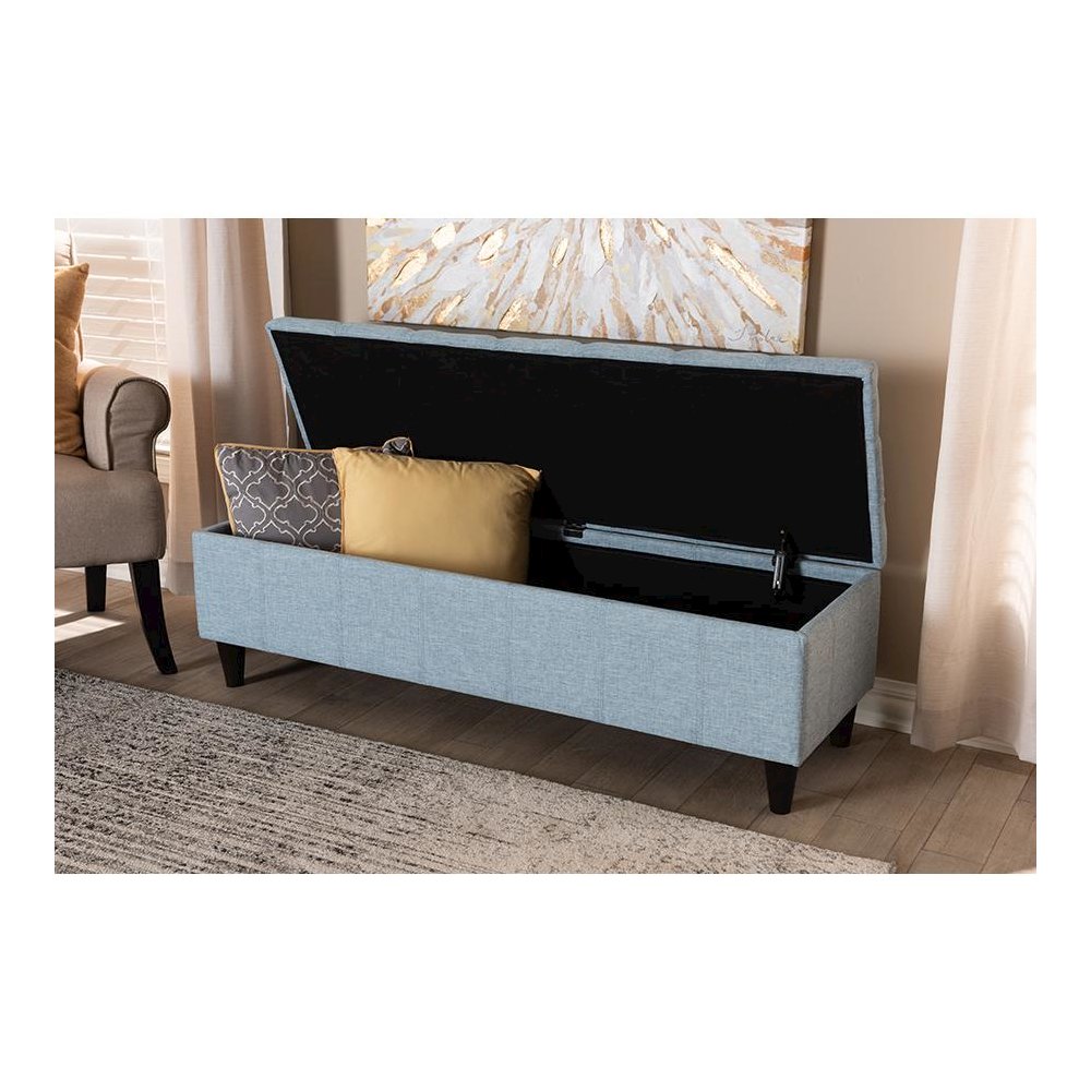 Light Blue Fabric Upholstered Dark Brown Finished Wood Storage Bench Ottoman. Picture 9