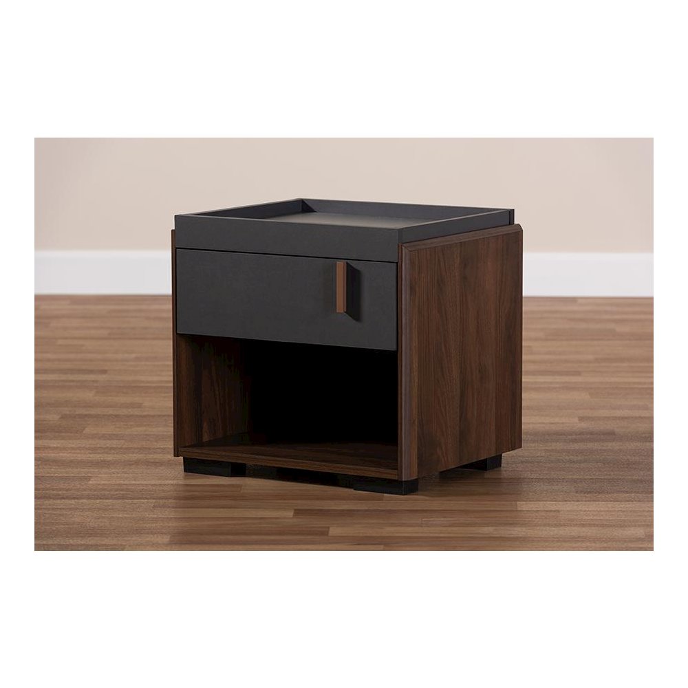 Two-Tone Gray and Walnut Finished Wood 1-Drawer Nightstand. Picture 7