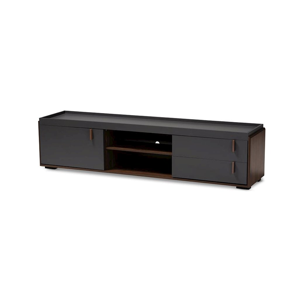 Two-Tone Gray and Walnut Finished Wood 2-Drawer TV Stand. Picture 1