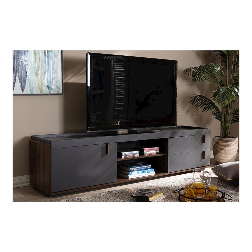 Two-Tone Gray and Walnut Finished Wood 2-Drawer TV Stand. Picture 6