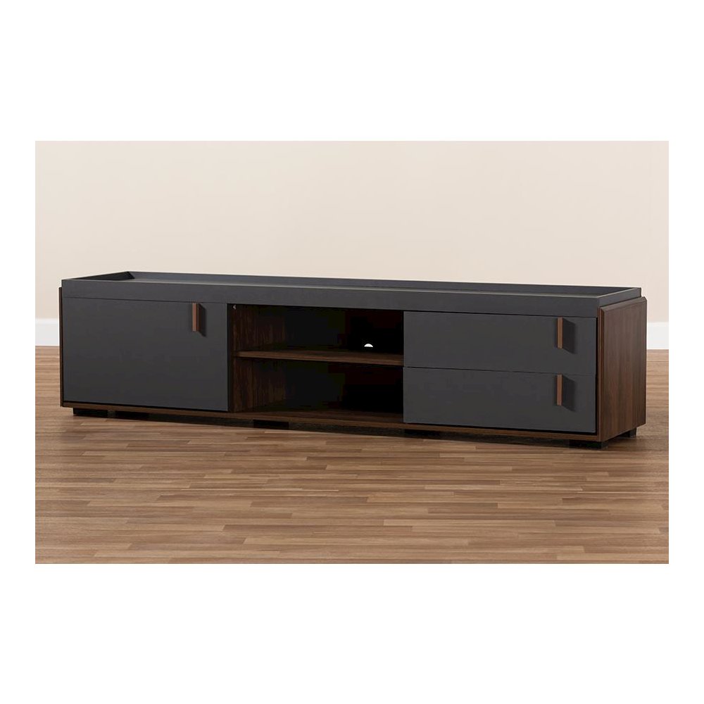 Two-Tone Gray and Walnut Finished Wood 2-Drawer TV Stand. Picture 7