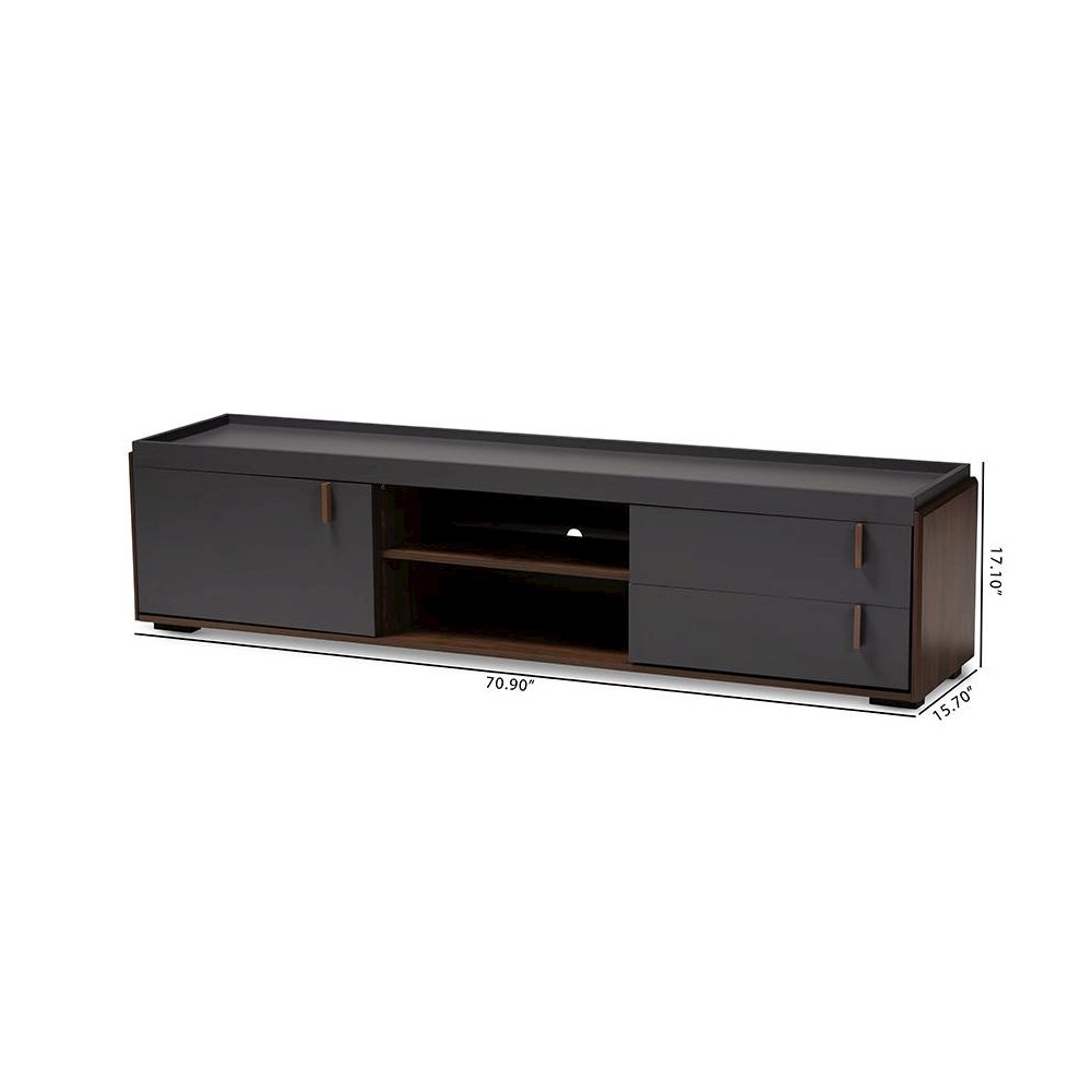 Two-Tone Gray and Walnut Finished Wood 2-Drawer TV Stand. Picture 8