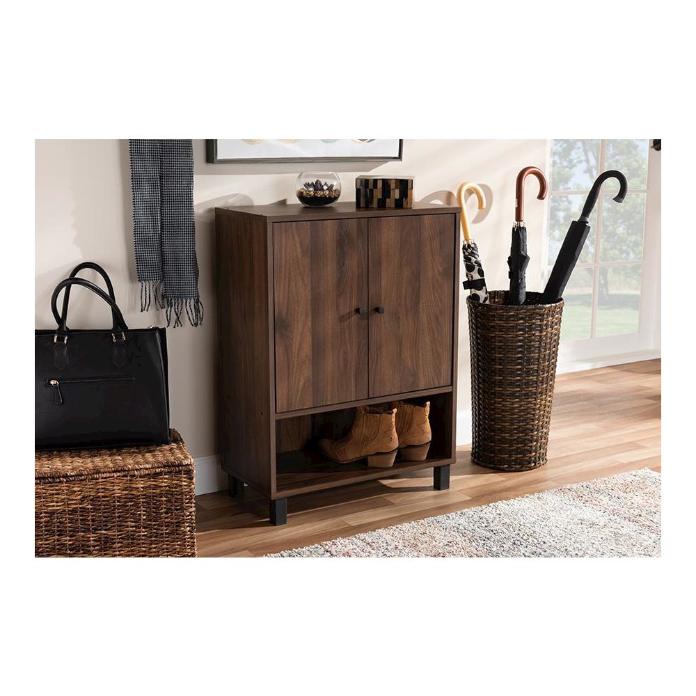 Walnut Brown Finished 2-Door Wood Entryway Shoe Storage Cabinet. Picture 7