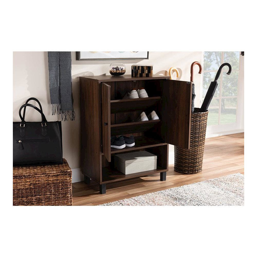 Walnut Brown Finished 2-Door Wood Entryway Shoe Storage Cabinet. Picture 8