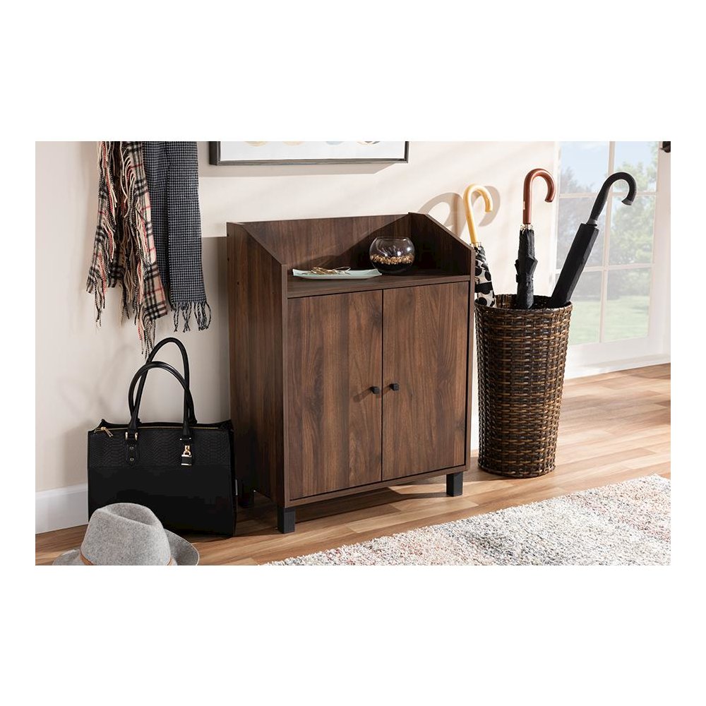Walnut Brown Finished 2-Door Wood Entryway Shoe Storage Cabinet with Open Shelf. Picture 7