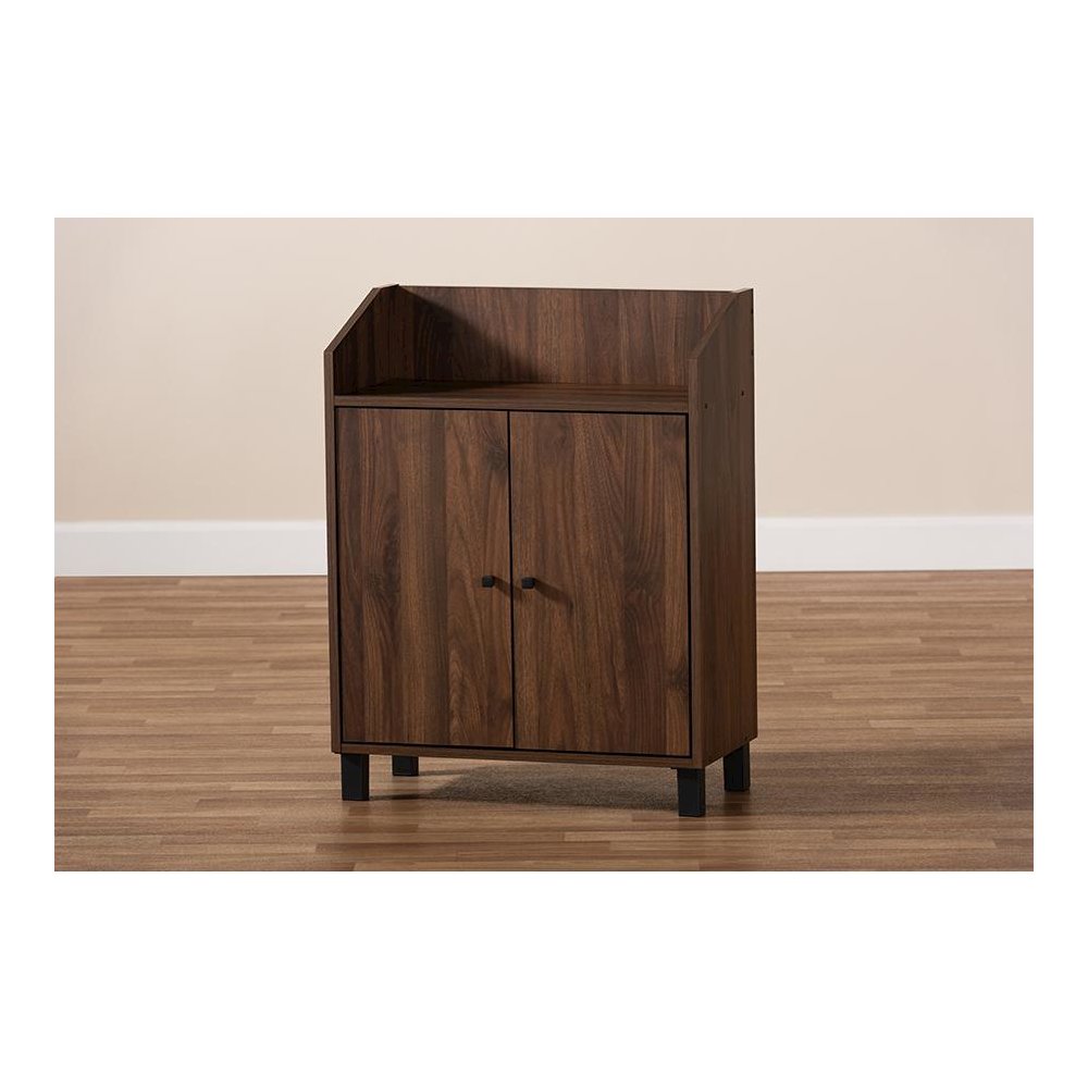 Walnut Brown Finished 2-Door Wood Entryway Shoe Storage Cabinet with Open Shelf. Picture 9