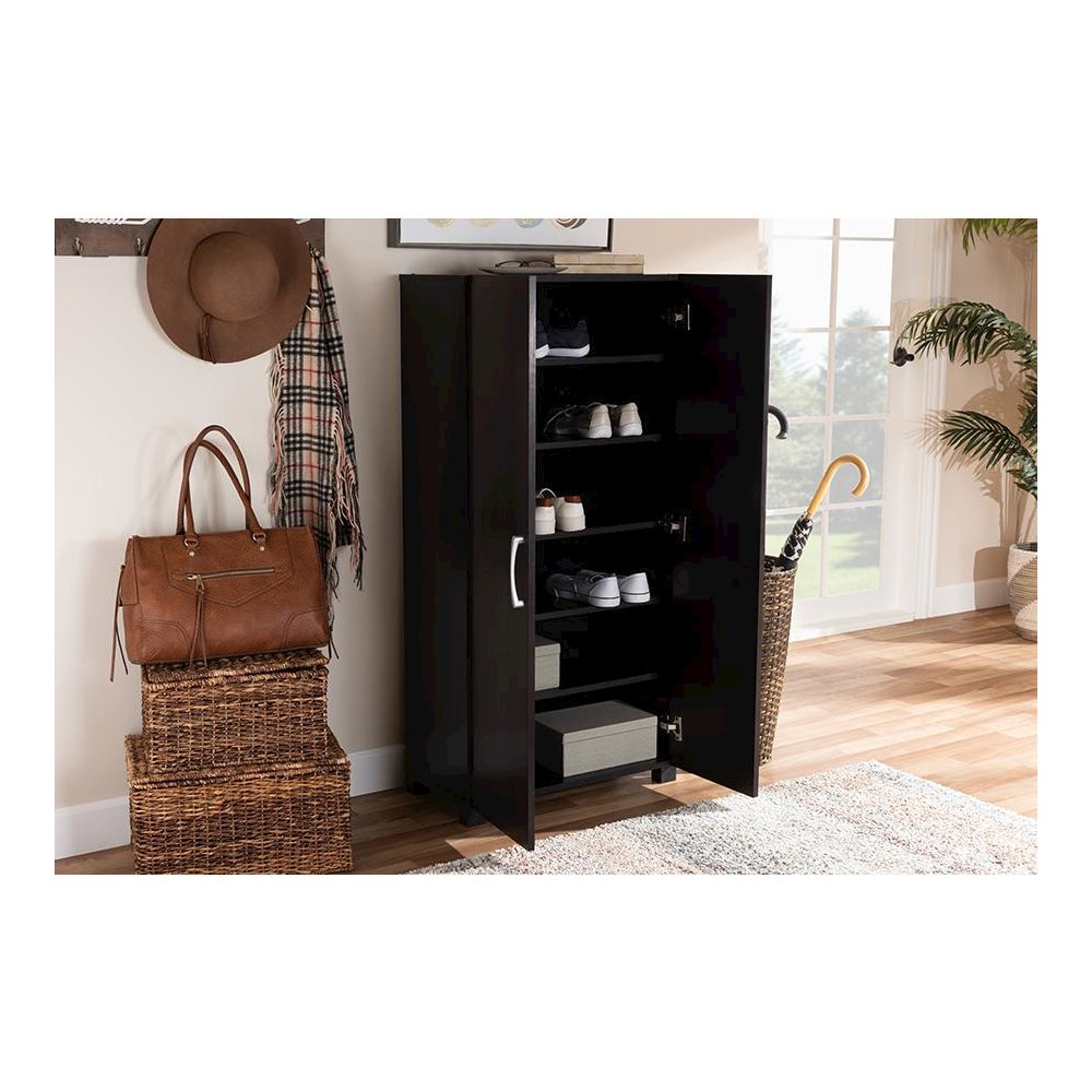 Two-Tone Wenge and Black Finished 2-Door Wood Entryway Shoe Storage Cabinet. Picture 8