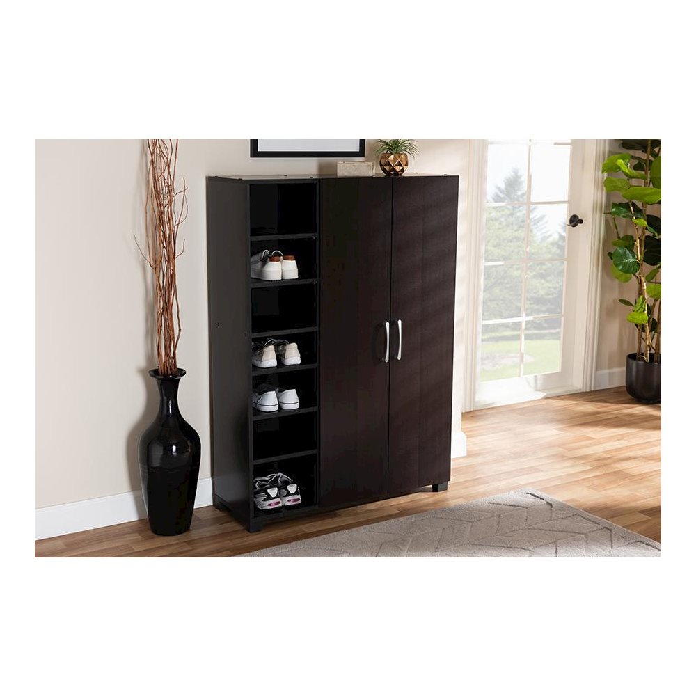 Black Finished 2-Door Wood Entryway Shoe Storage Cabinet with Open Shelves. Picture 7