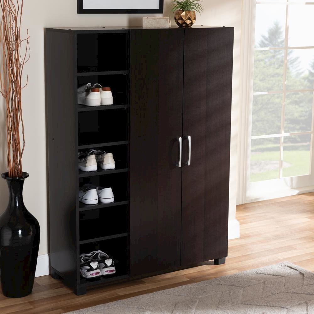 Black Finished 2-Door Wood Entryway Shoe Storage Cabinet with Open Shelves. Picture 17