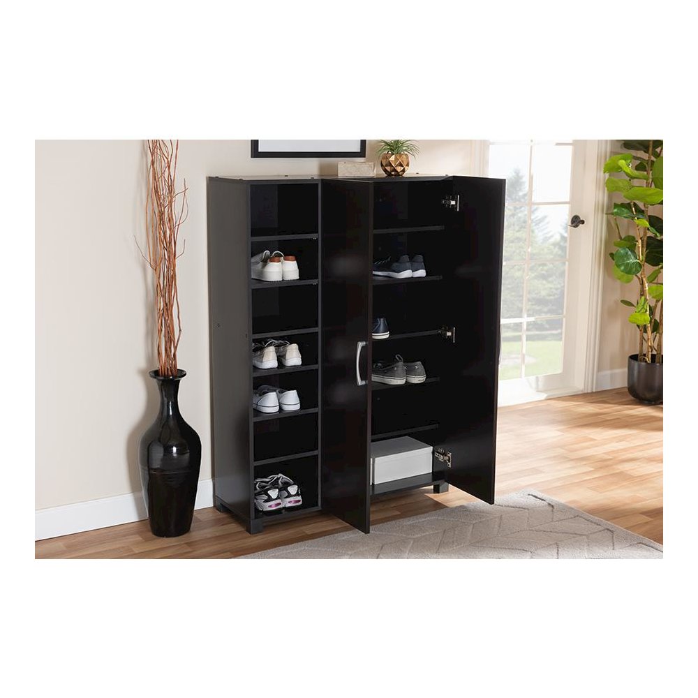 Black Finished 2-Door Wood Entryway Shoe Storage Cabinet with Open Shelves. Picture 8