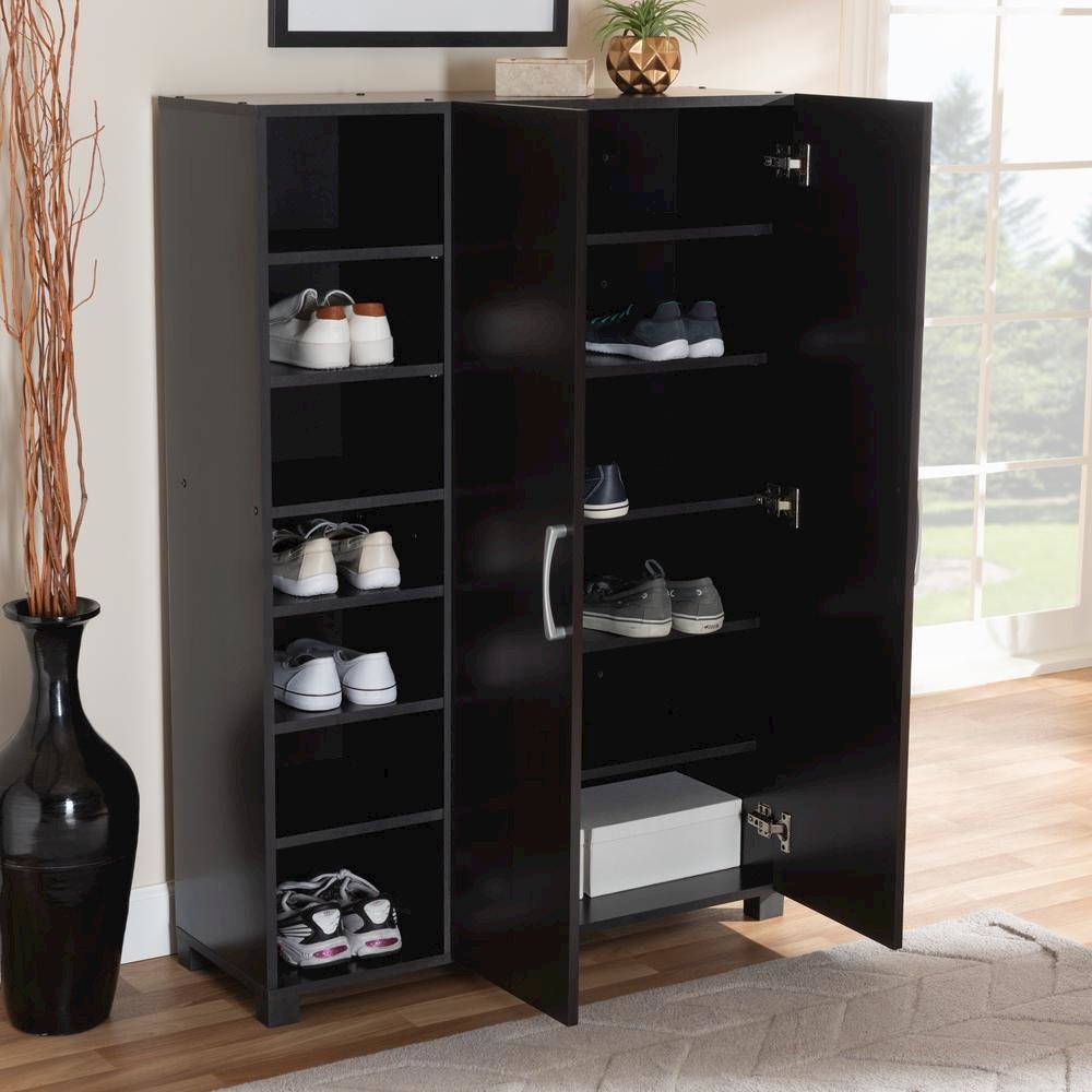 Black Finished 2-Door Wood Entryway Shoe Storage Cabinet with Open Shelves. Picture 18