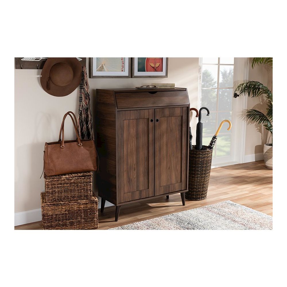 Walnut Brown finished 2-Door Wood Entryway Shoe Storage Cabinet. Picture 7