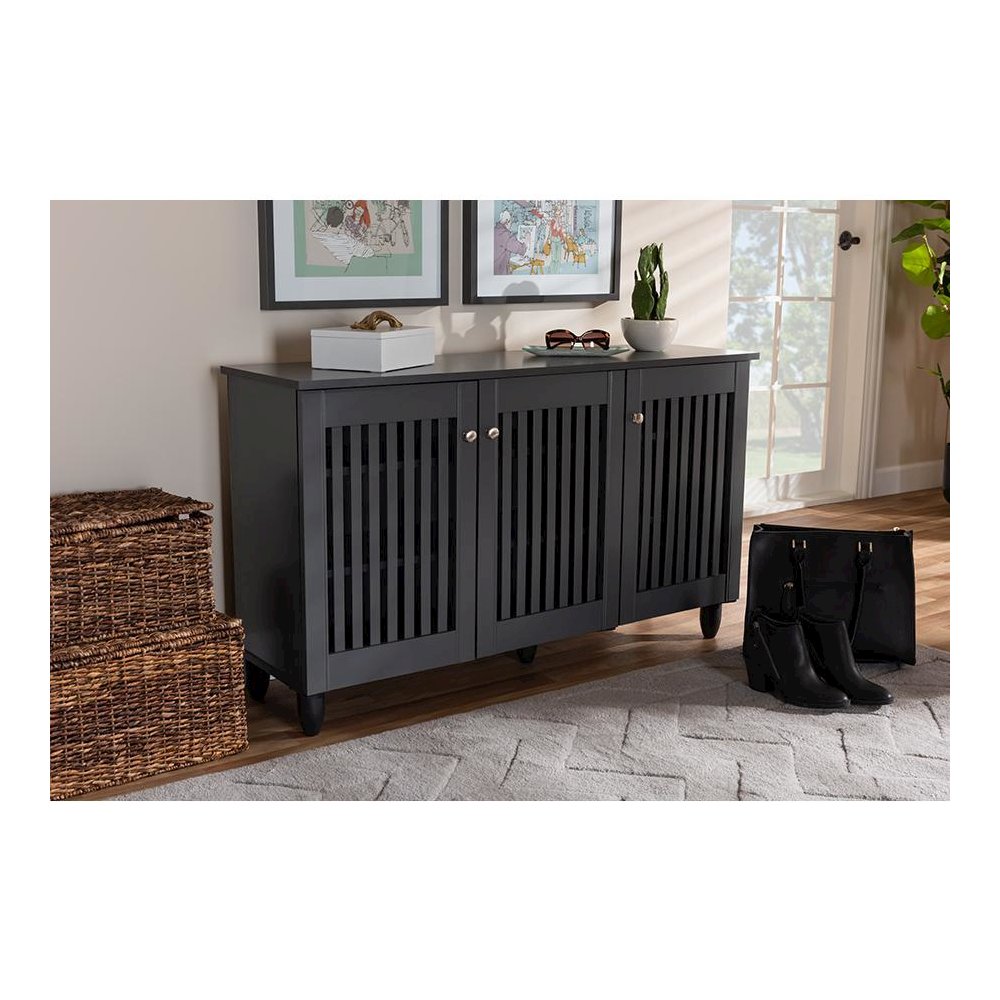 Dark Gray 3-Door Wooden Entryway Shoe Storage Wide Cabinet. Picture 7