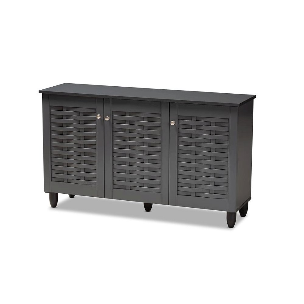 Dark Gray 3-Door Wooden Entryway Shoe Storage Cabinet. Picture 1