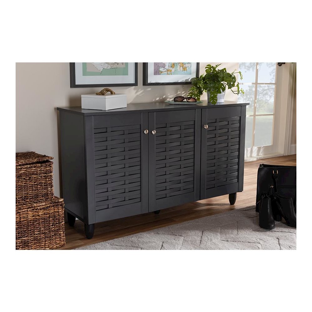 Dark Gray 3-Door Wooden Entryway Shoe Storage Cabinet. Picture 7