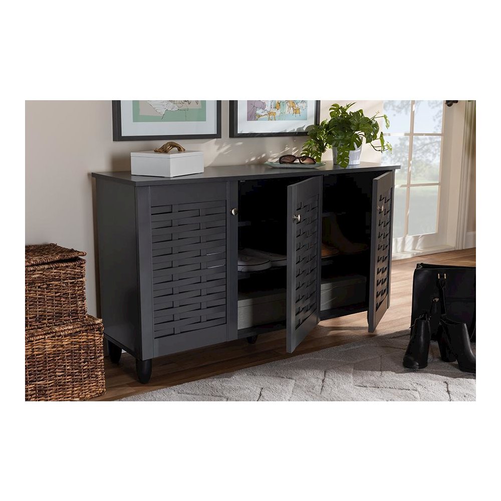 Dark Gray 3-Door Wooden Entryway Shoe Storage Cabinet. Picture 8