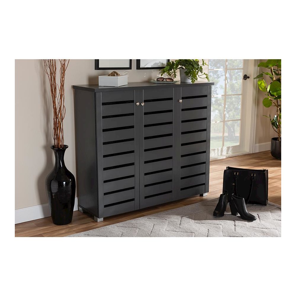 Dark Gray 3-Door Wooden Entryway Shoe Storage Cabinet. Picture 7