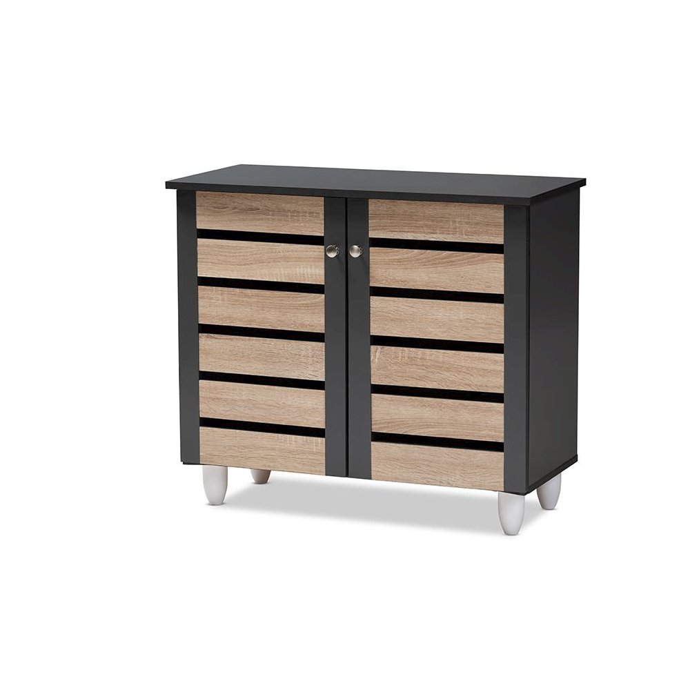 Two-Tone Oak and Dark Gray 2-Door Shoe Storage Cabinet. Picture 1