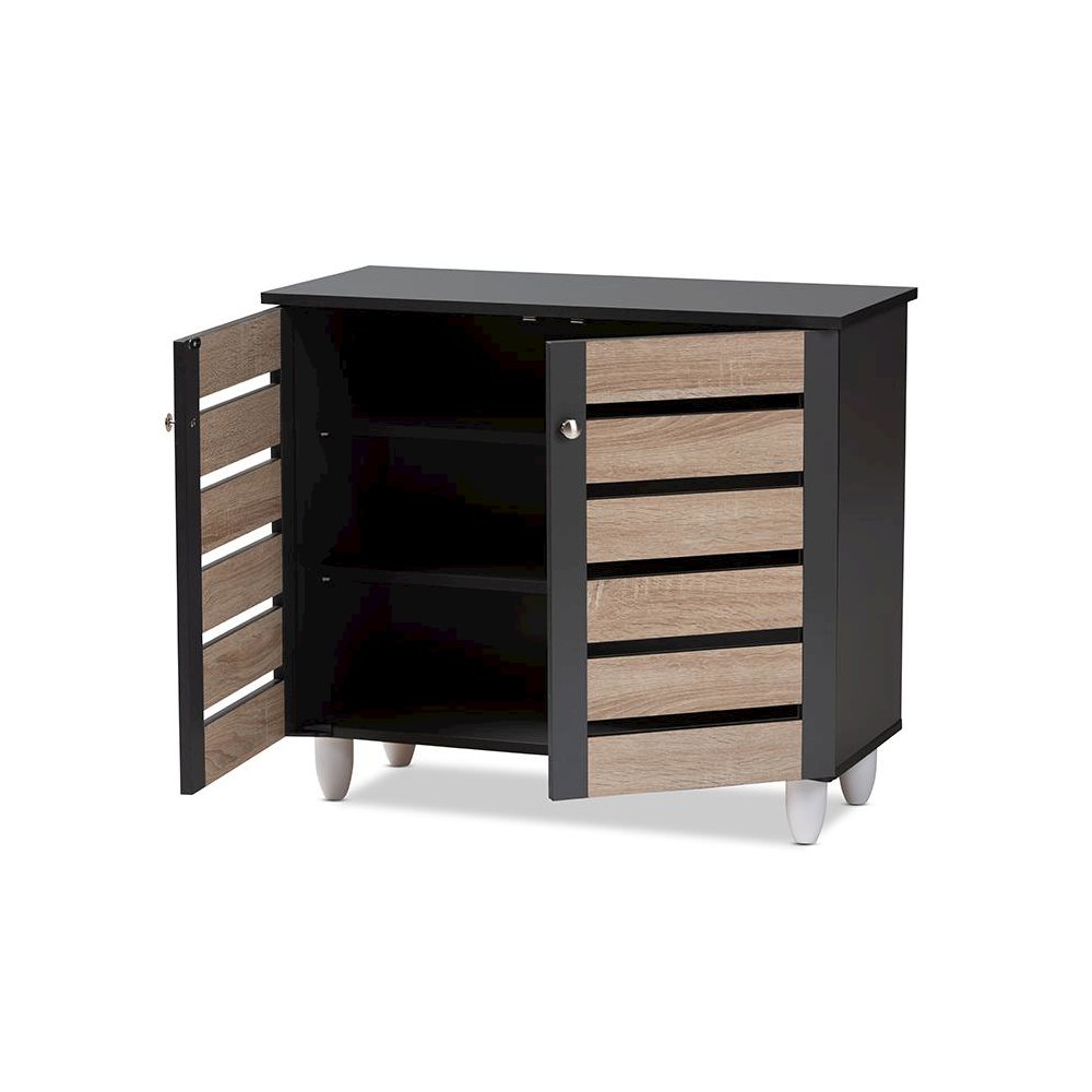 Two-Tone Oak and Dark Gray 2-Door Shoe Storage Cabinet. Picture 2