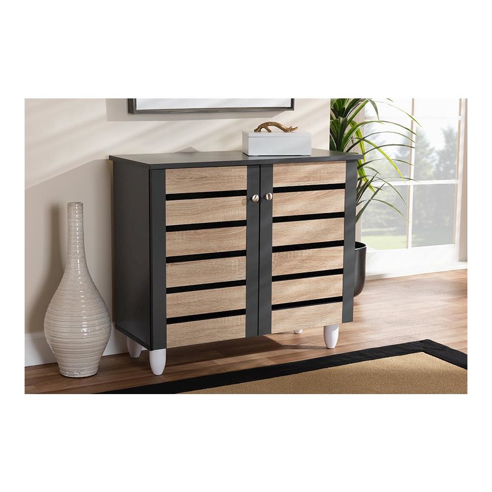 Two-Tone Oak and Dark Gray 2-Door Shoe Storage Cabinet. Picture 6