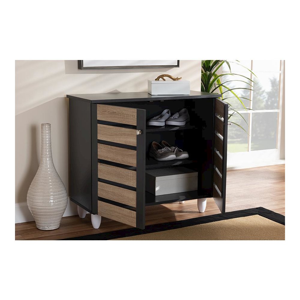 Two-Tone Oak and Dark Gray 2-Door Shoe Storage Cabinet. Picture 7