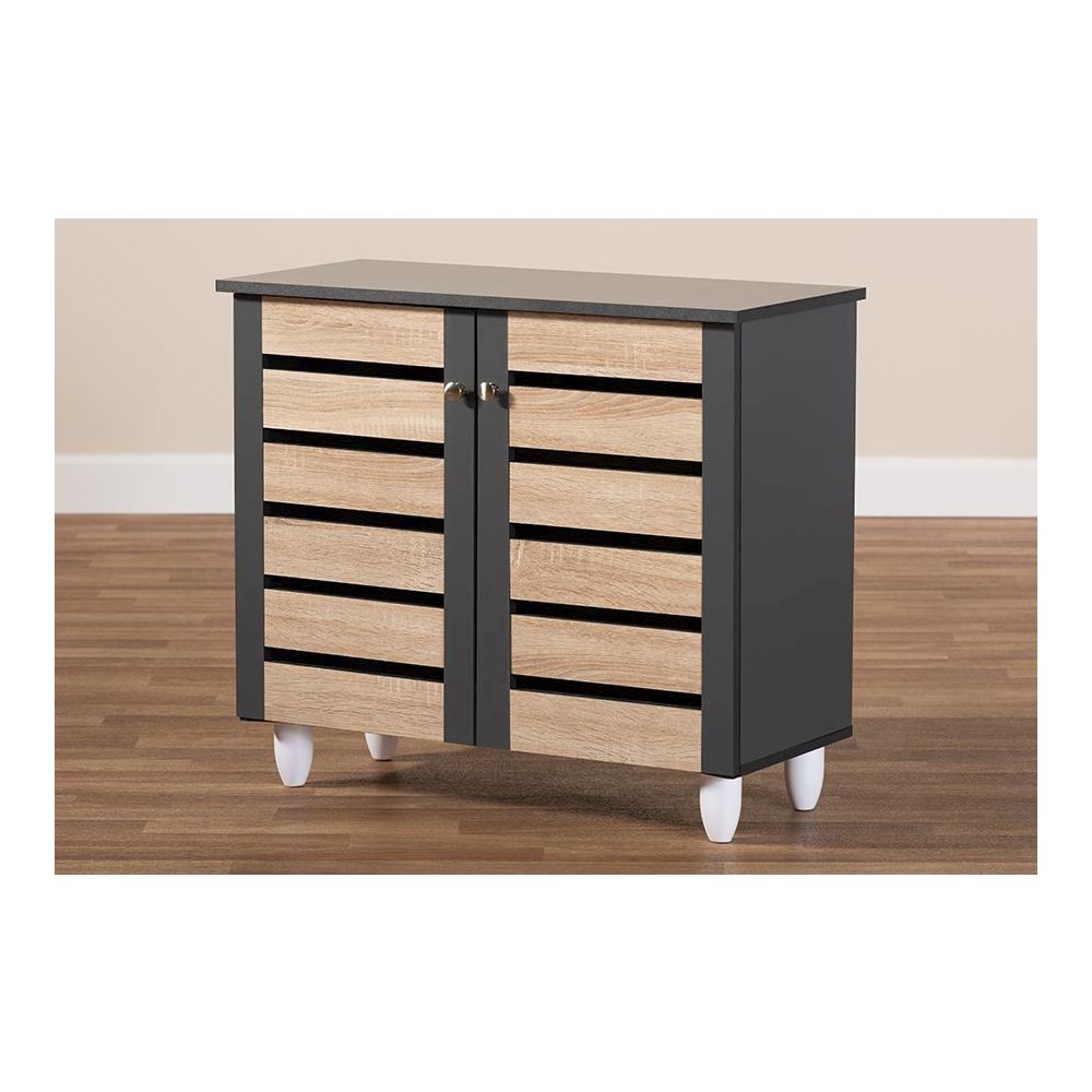 Two-Tone Oak and Dark Gray 2-Door Shoe Storage Cabinet. Picture 8