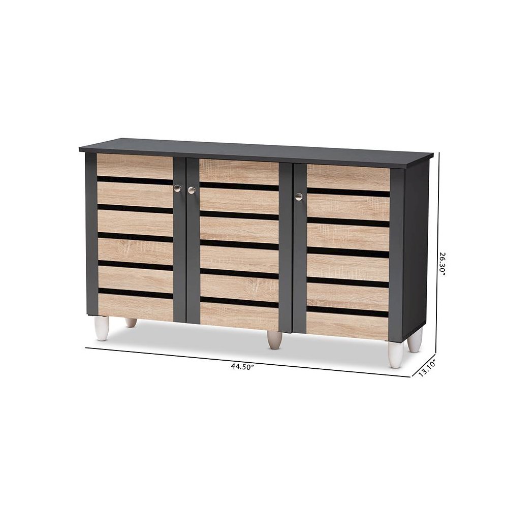 Two-Tone Oak and Dark Gray 3-Door Shoe Storage Cabinet. Picture 10