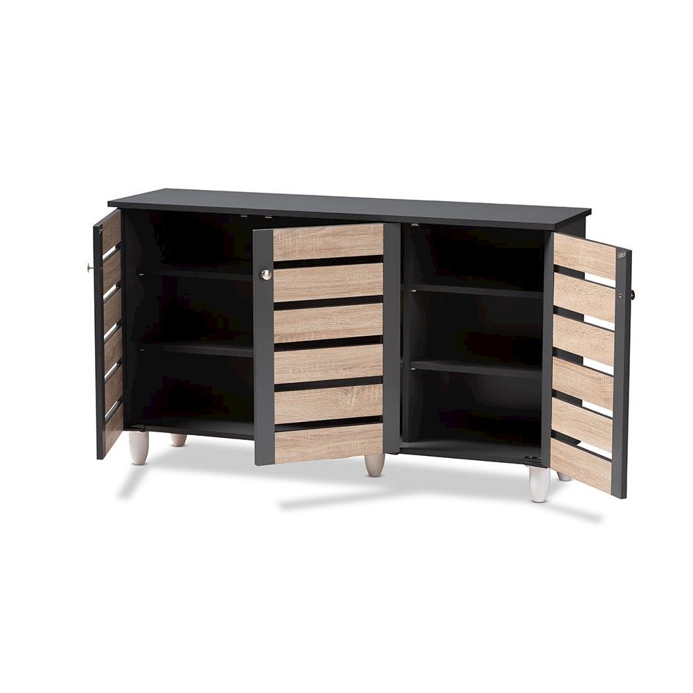 Two-Tone Oak and Dark Gray 3-Door Shoe Storage Cabinet. Picture 2