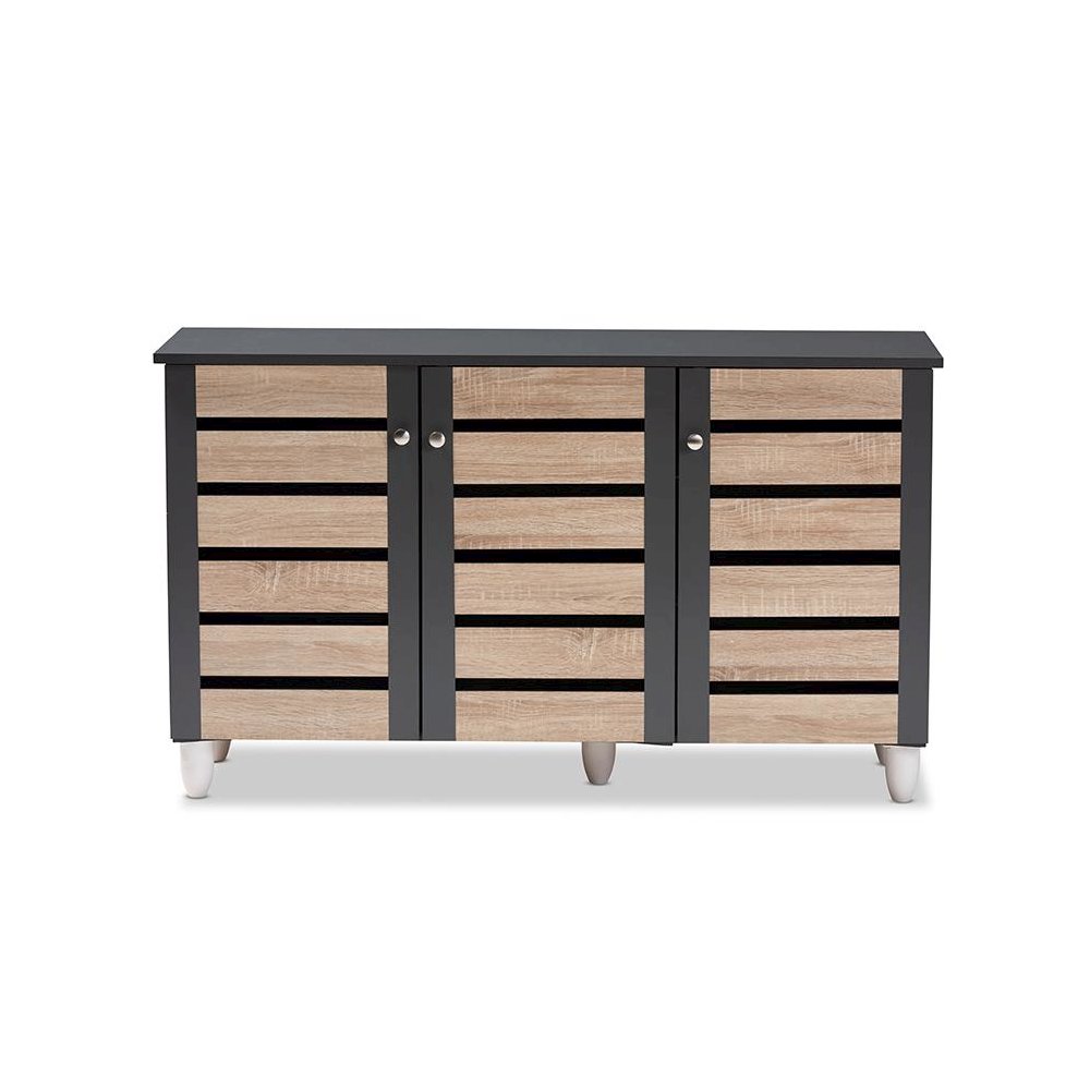 Two-Tone Oak and Dark Gray 3-Door Shoe Storage Cabinet. Picture 3