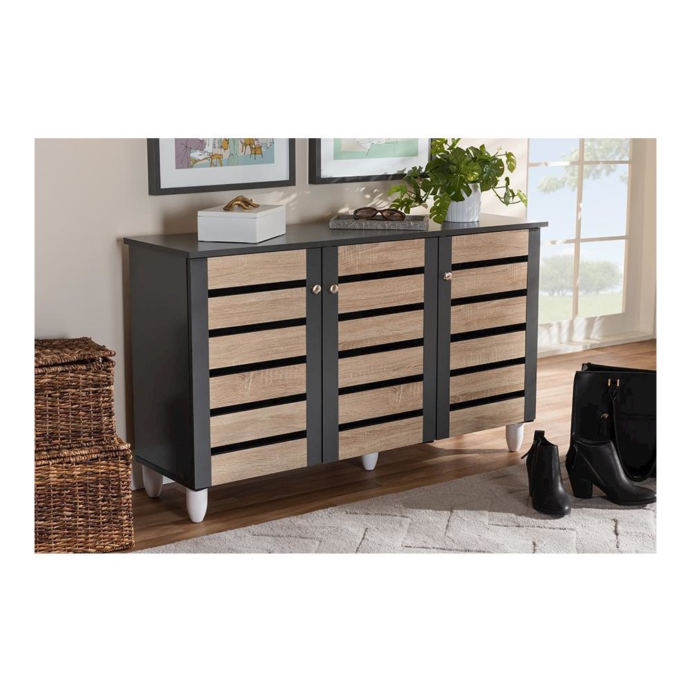 Two-Tone Oak and Dark Gray 3-Door Shoe Storage Cabinet. Picture 7