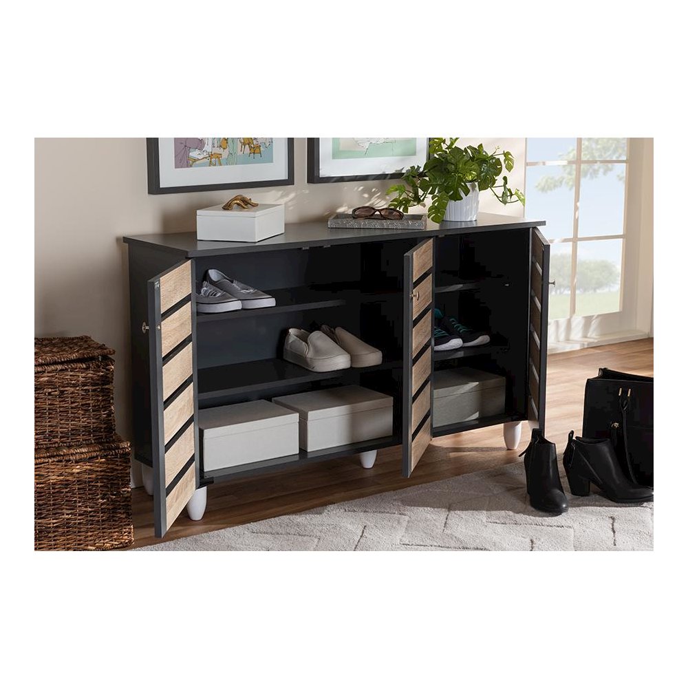 Two-Tone Oak and Dark Gray 3-Door Shoe Storage Cabinet. Picture 8