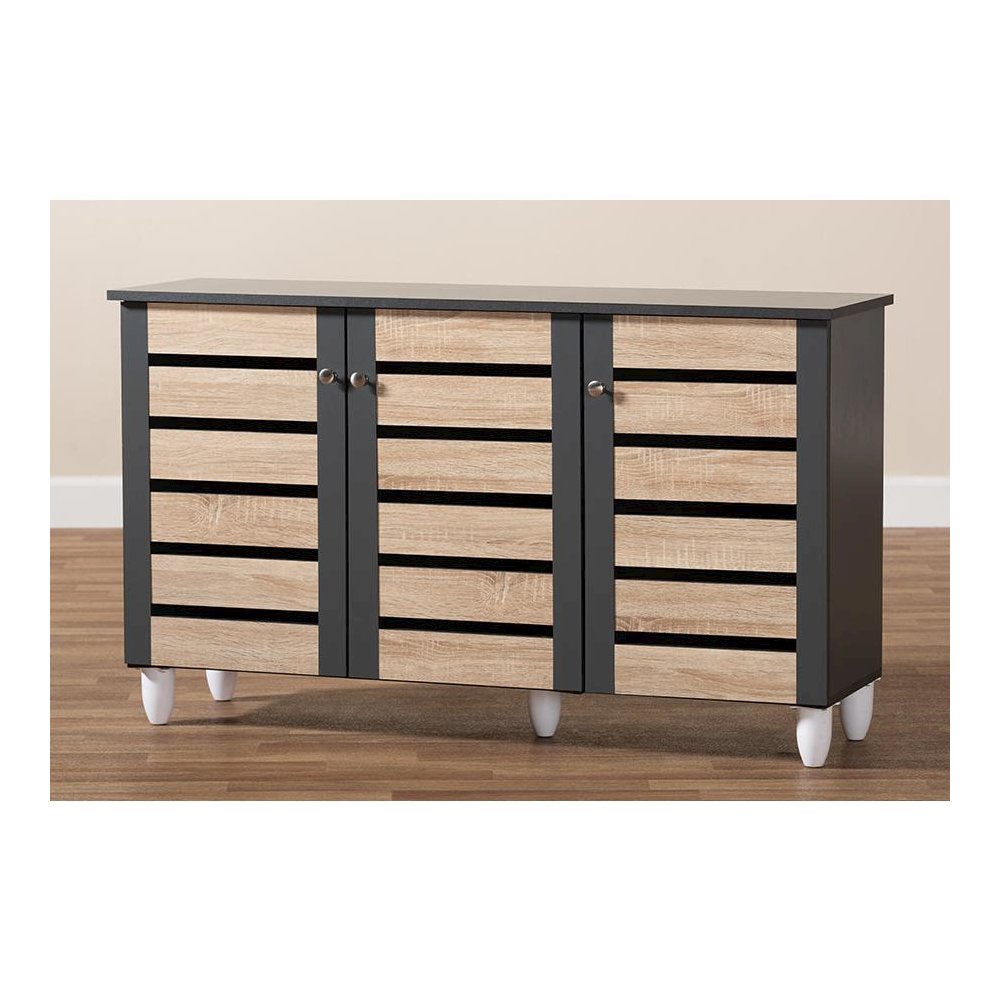 Two-Tone Oak and Dark Gray 3-Door Shoe Storage Cabinet. Picture 9