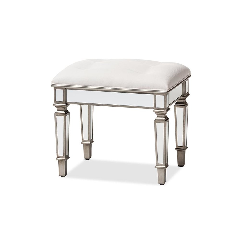 Off White Fabric Upholstered Mirrored Ottoman Vanity Bench. Picture 1