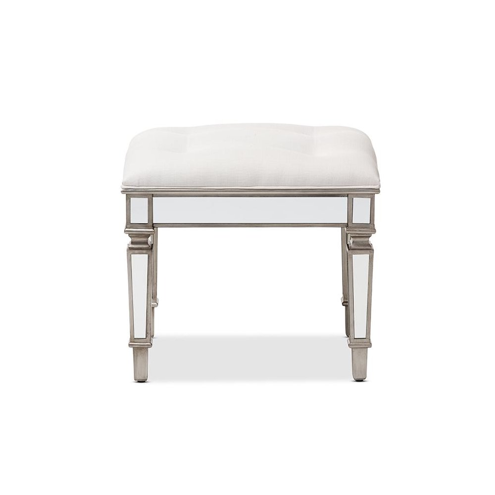Off White Fabric Upholstered Mirrored Ottoman Vanity Bench. Picture 2