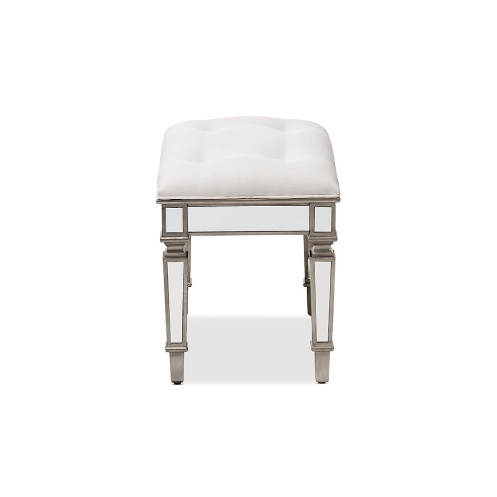 Off White Fabric Upholstered Mirrored Ottoman Vanity Bench. Picture 3