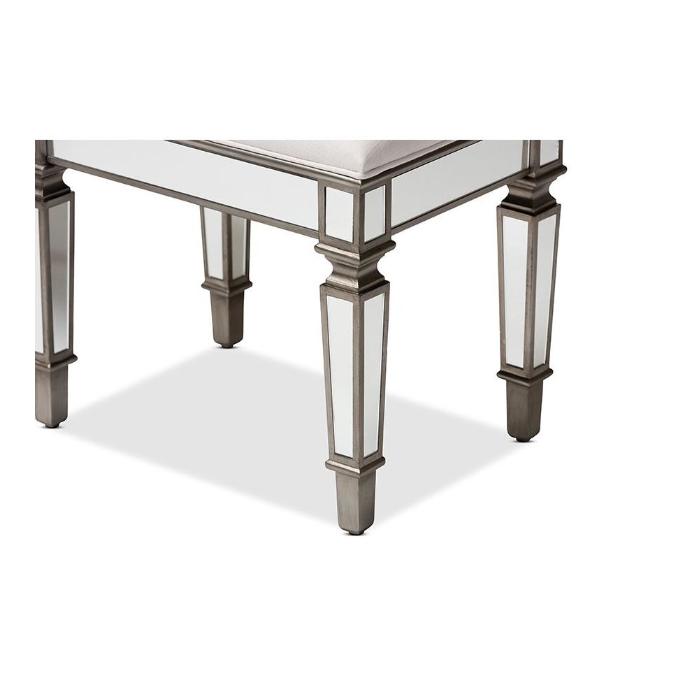 Off White Fabric Upholstered Mirrored Ottoman Vanity Bench. Picture 5