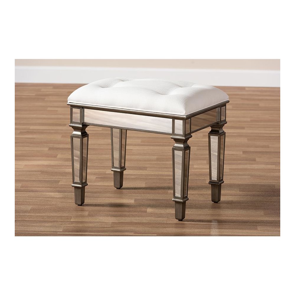 Off White Fabric Upholstered Mirrored Ottoman Vanity Bench. Picture 7