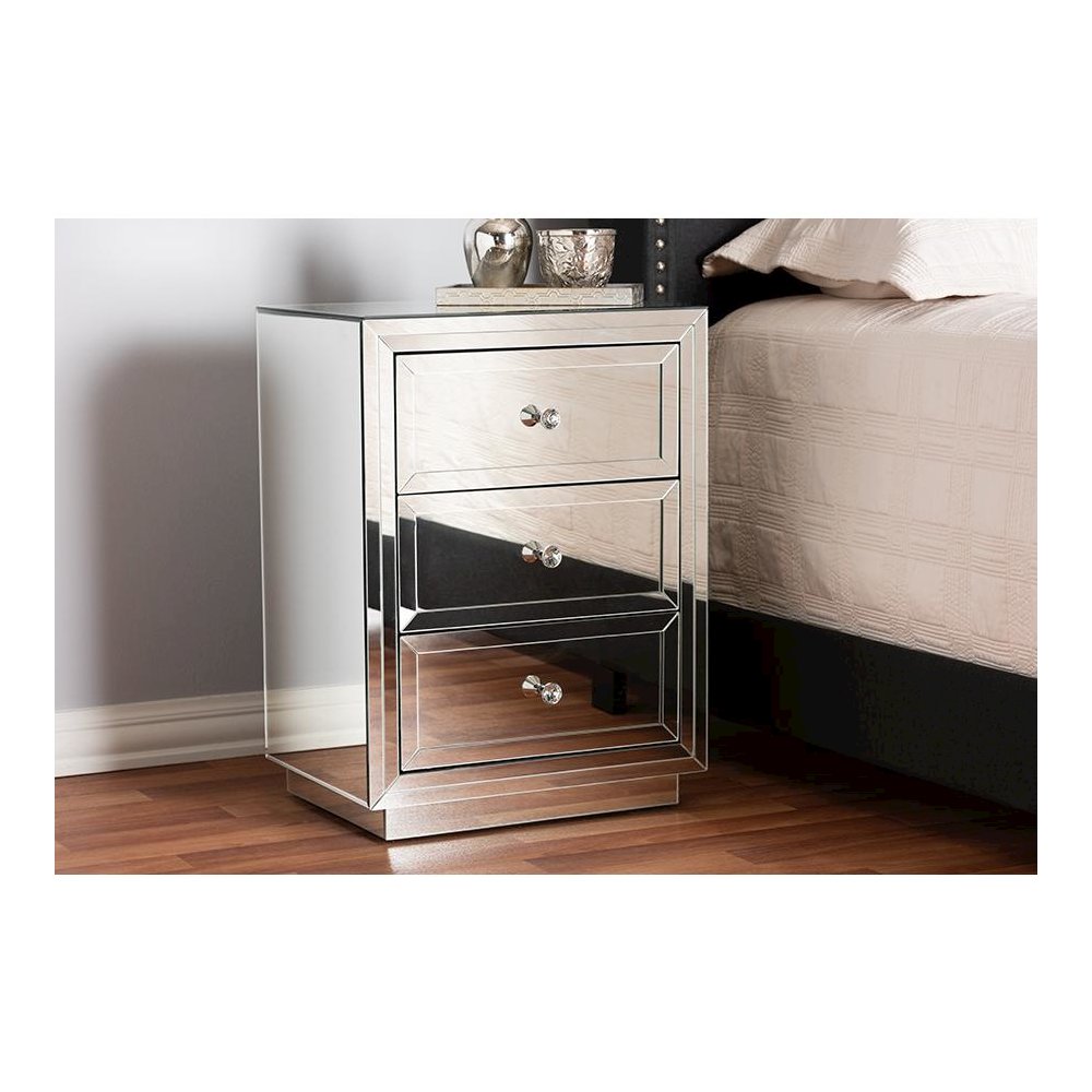 Hollywood Regency Glamour Style Mirrored 3-Drawer End Table. Picture 5