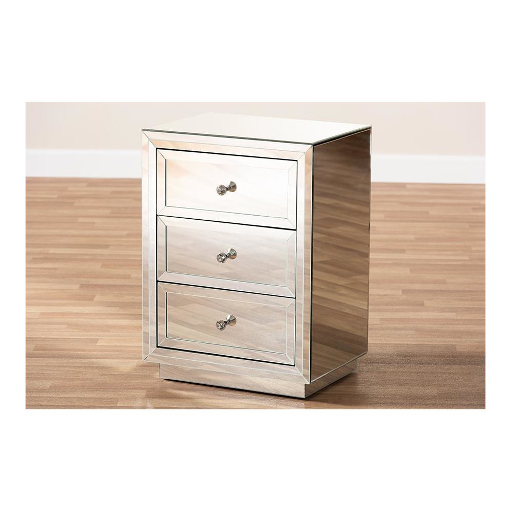 Hollywood Regency Glamour Style Mirrored 3-Drawer End Table. Picture 6