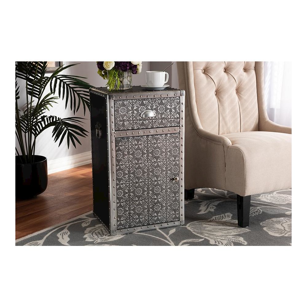 Baxton Studio Cosette Vintage Industrial Silver Metal Floral Accent Cabinet. Picture 7