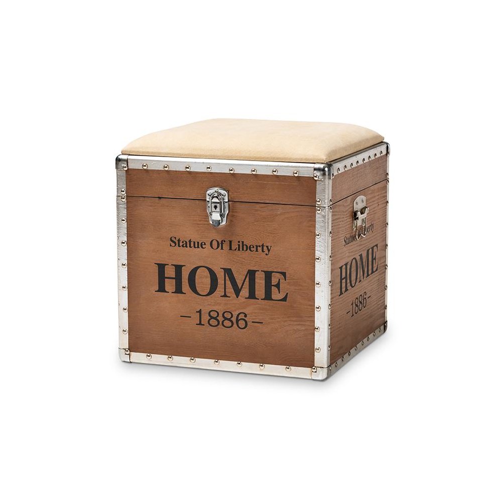 Violetta Vintage Industrial Beige Fabric Upholstered Wood Storage Trunk Ottoman. Picture 1