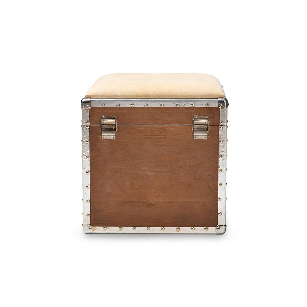 Violetta Vintage Industrial Beige Fabric Upholstered Wood Storage Trunk Ottoman. Picture 5