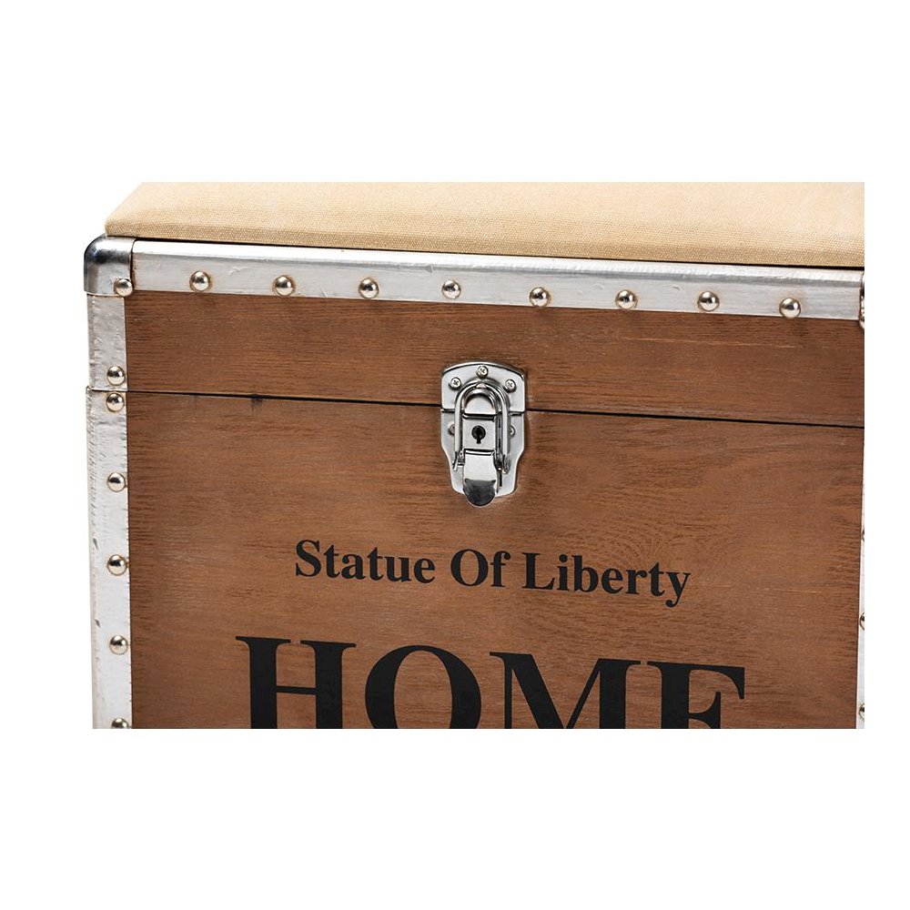 Violetta Vintage Industrial Beige Fabric Upholstered Wood Storage Trunk Ottoman. Picture 6