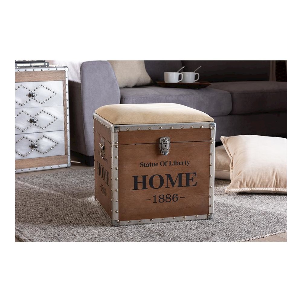 Violetta Vintage Industrial Beige Fabric Upholstered Wood Storage Trunk Ottoman. Picture 7