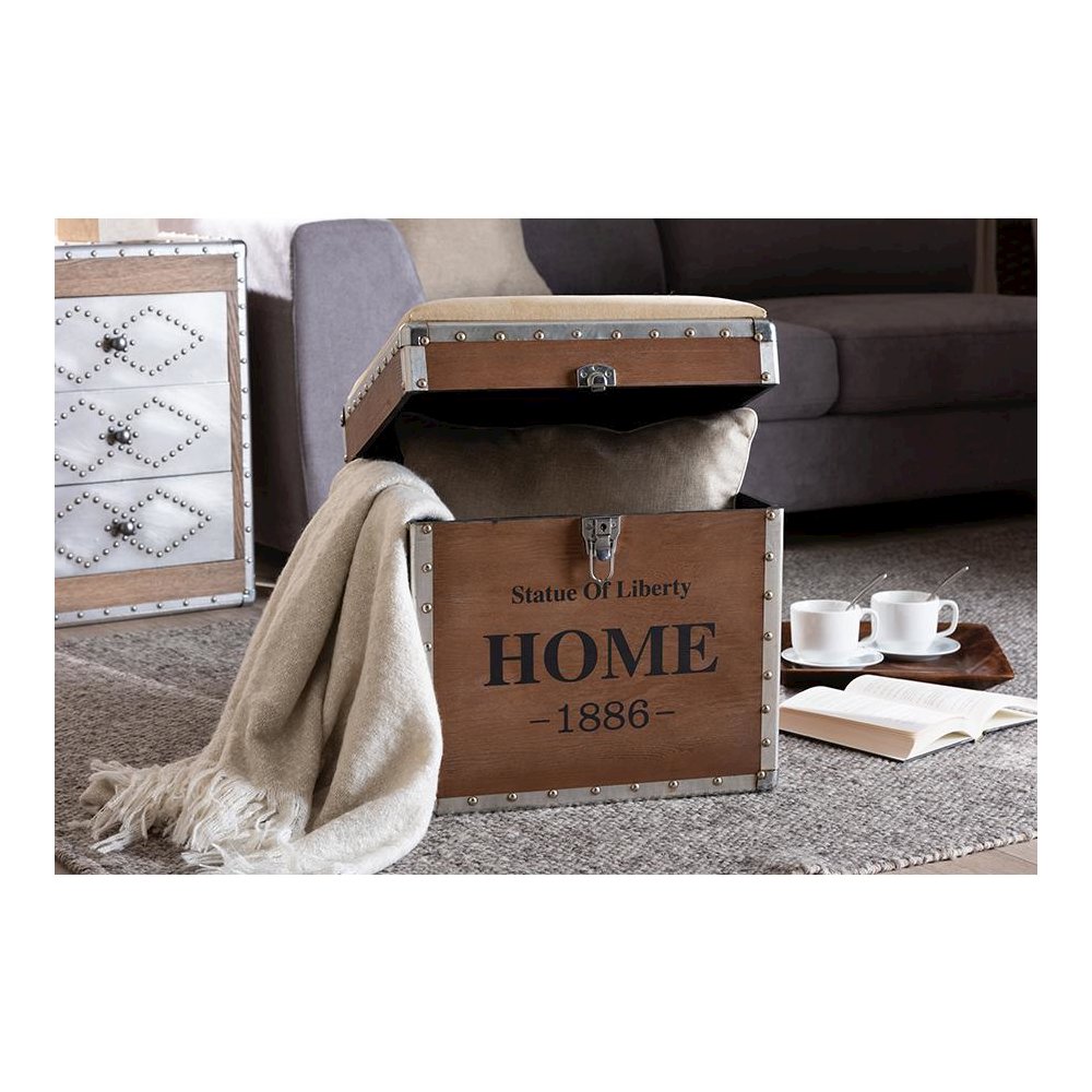 Violetta Vintage Industrial Beige Fabric Upholstered Wood Storage Trunk Ottoman. Picture 8