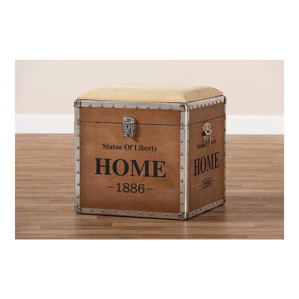 Violetta Vintage Industrial Beige Fabric Upholstered Wood Storage Trunk Ottoman. Picture 9