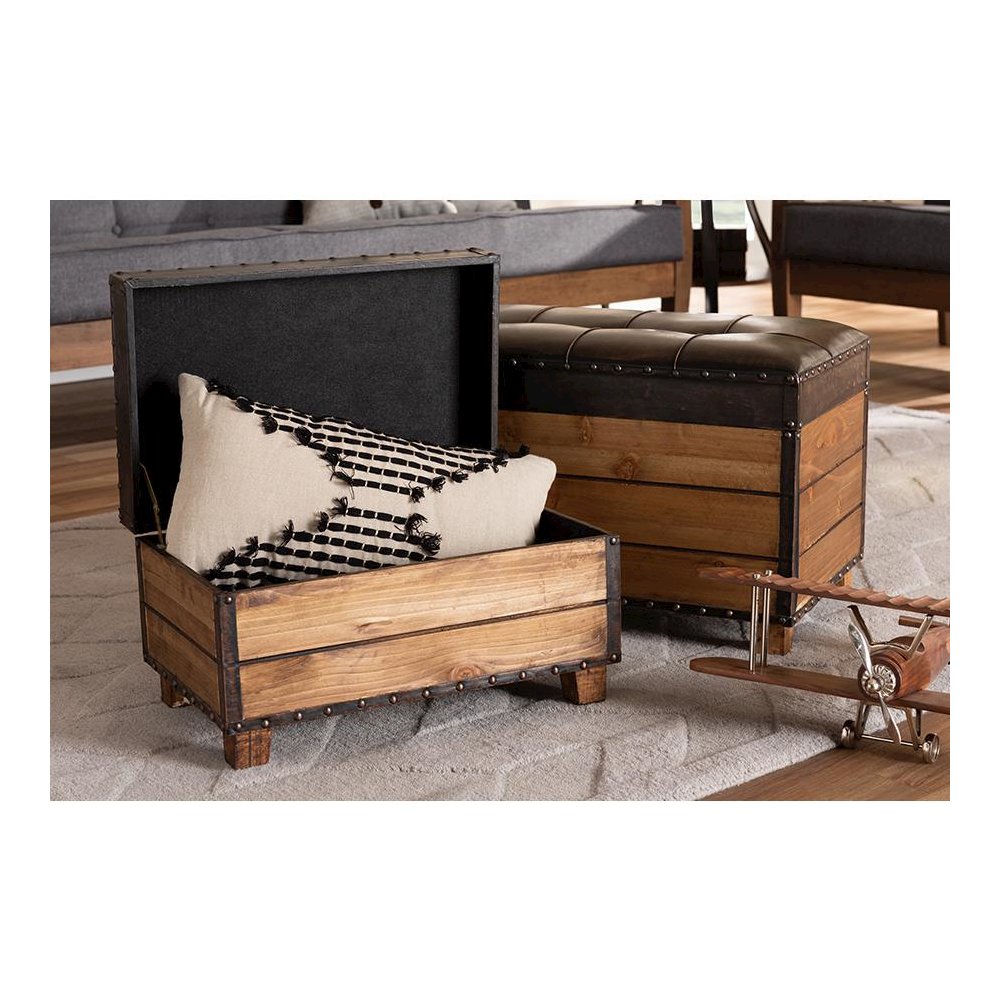 Leather Upholstered 2-Piece Wood Storage Trunk Ottoman Set. Picture 10